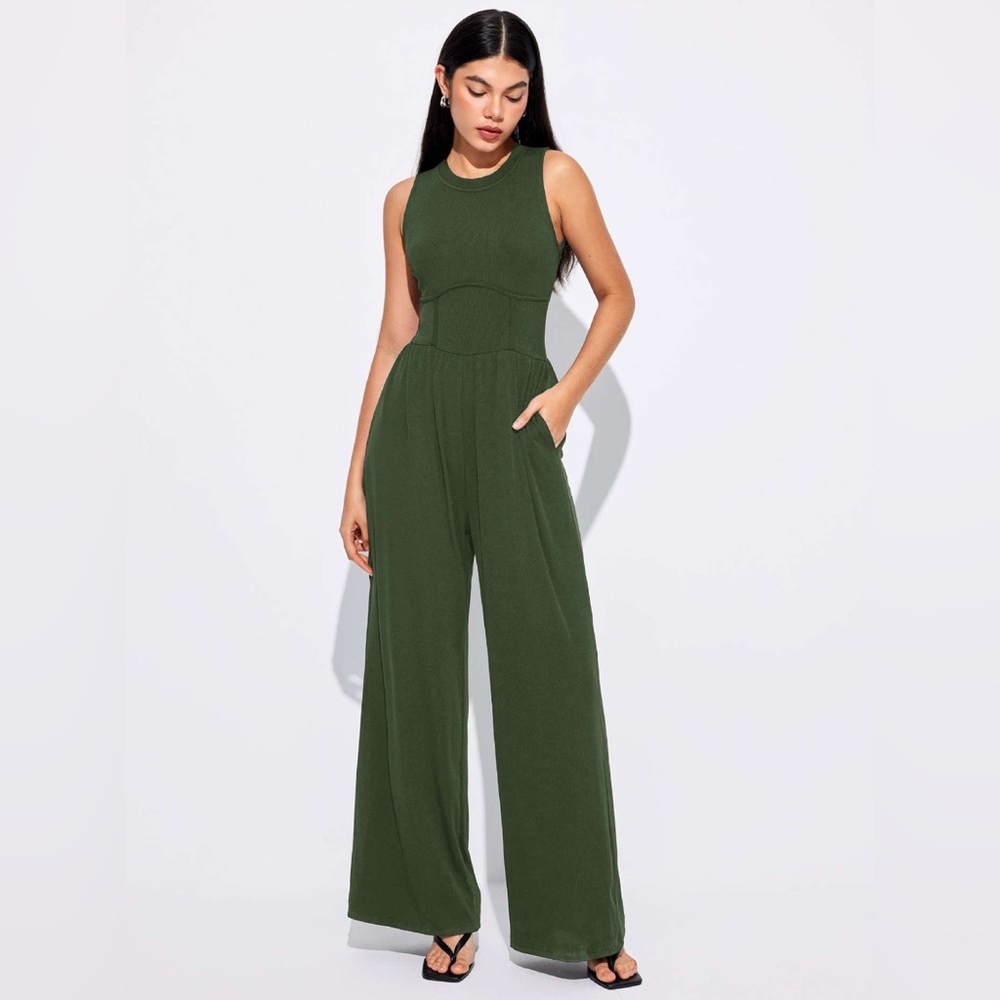 NEW Cider Green Solid Sleeveless Wide Leg Jumpsuit